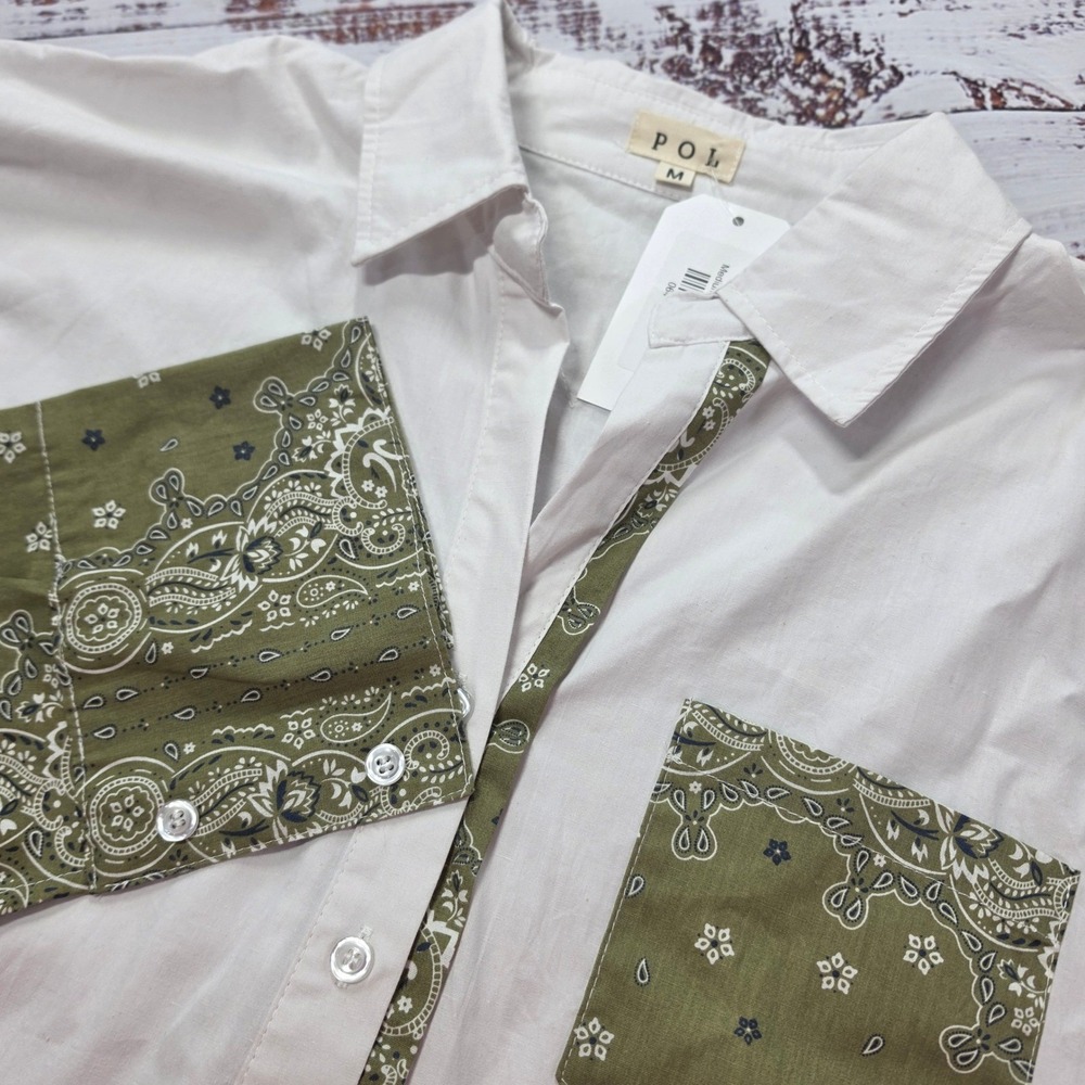 POL Bandana Print Button Down Shirt Women Medium White Olive NWT Boho Oversized